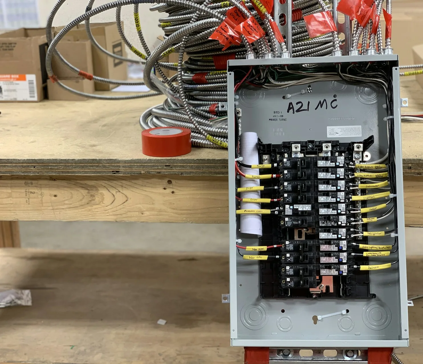 Electrical panel with breakers and prepared wiring