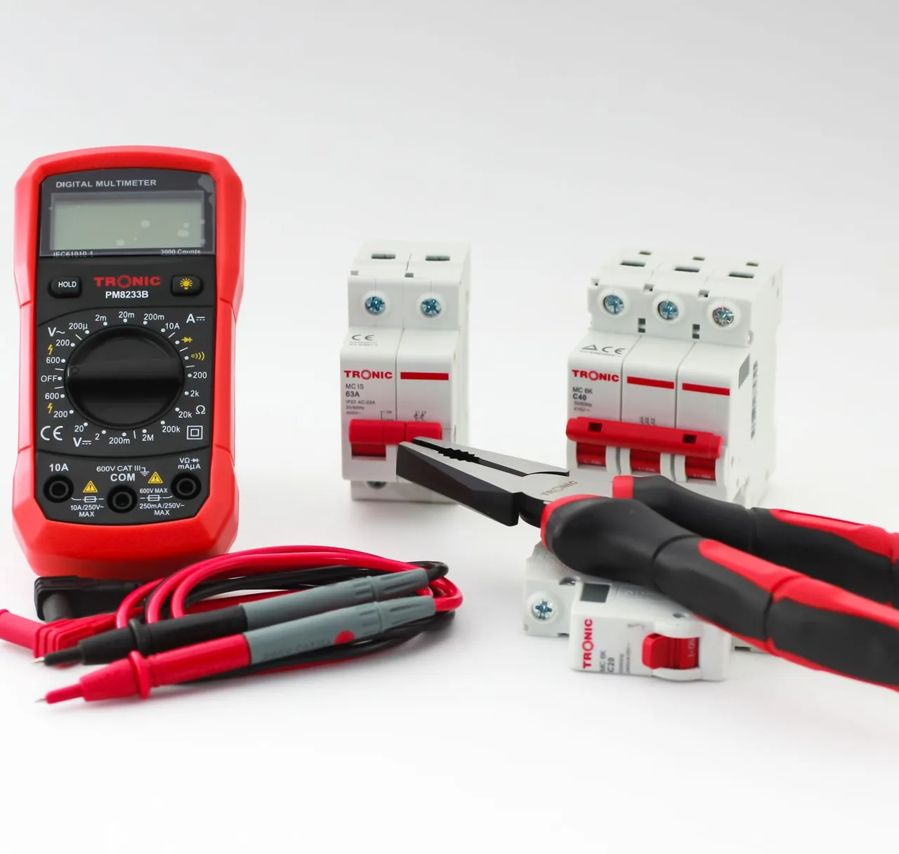 Multimeter, insulated hand tools, and electrical components