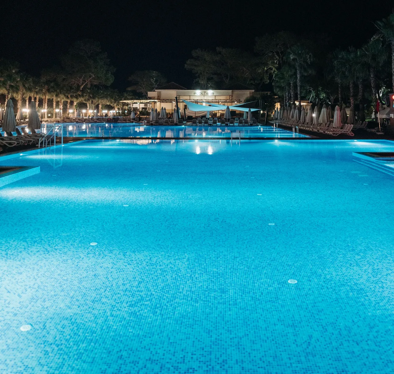 An illuminated swimming pool surrounded by trees at night